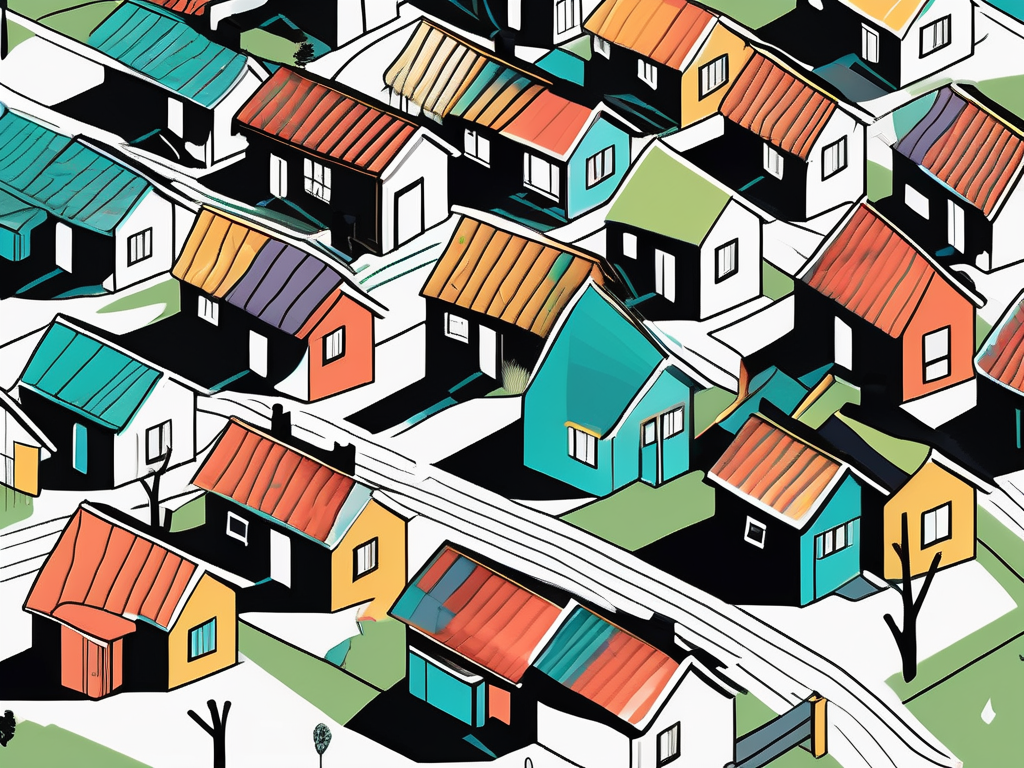 a neighborhood from a bird's eye view, highlighting different houses with colorful flyers on their front doors and a trail of flyers floating down from the sky, hand-drawn abstract illustration for a company blog, white background, professional, minimalist, clean lines, black and white