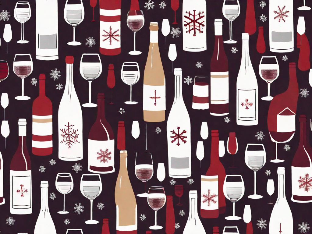 a cozy winter scene with a variety of wine bottles, glasses filled with red and white wine, and elements of a cold weather like snowflakes, a fireplace or a woolen blanket, to represent the enjoyment of wine during winter, hand-drawn abstract illustration for a company blog, white background, professional, minimalist, clean lines, faded colors