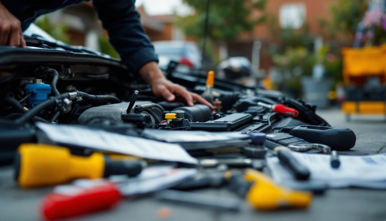 A professional mobile mechanic working on a car engine in a driveway