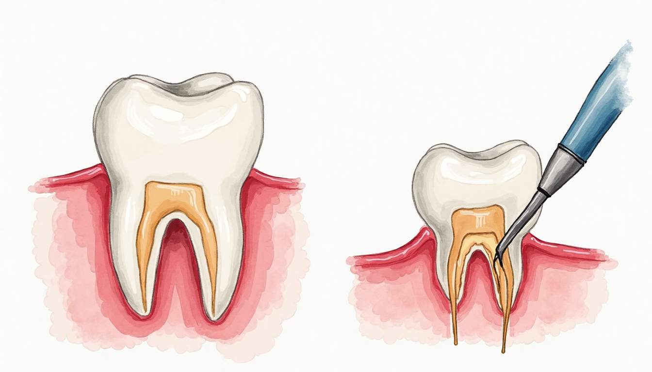 an anatomical view of a tooth highlighting the root canal system alongside a visual representation of a tooth being extracted, set against a backdrop of dental tools and a soothing, professional dental office environment, hand-drawn abstract illustration for a company blog, white background, professional, minimalist, clean lines, faded colors