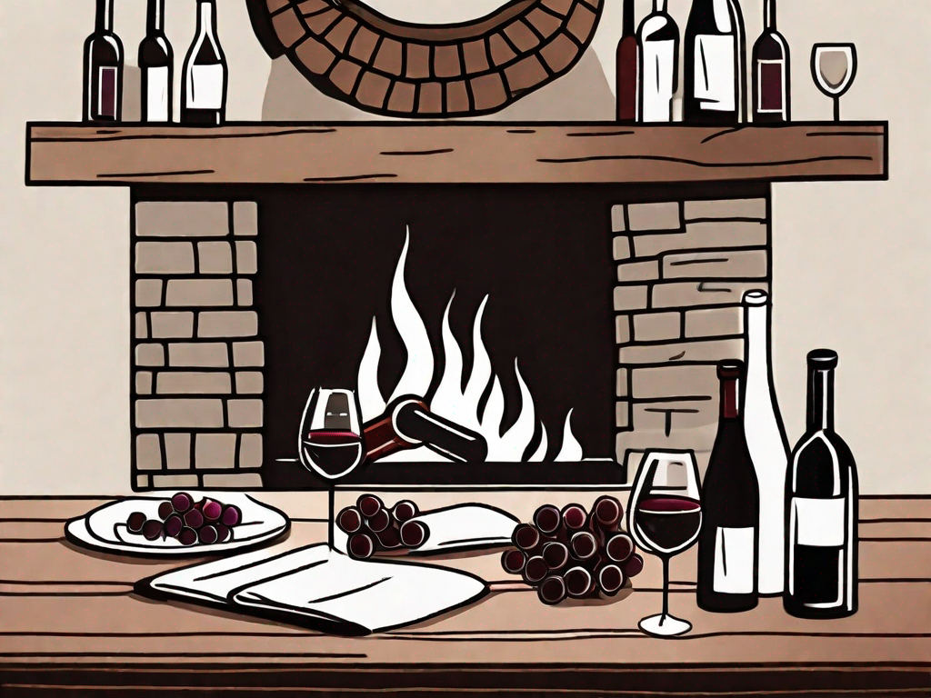 a rustic wooden table adorned with an array of vintage wine bottles, a corkscrew, and a couple of filled wine glasses, with a warm fireplace in the background to evoke a cozy holiday atmosphere, hand-drawn abstract illustration for a company blog, white background, professional, minimalist, clean lines, faded colors