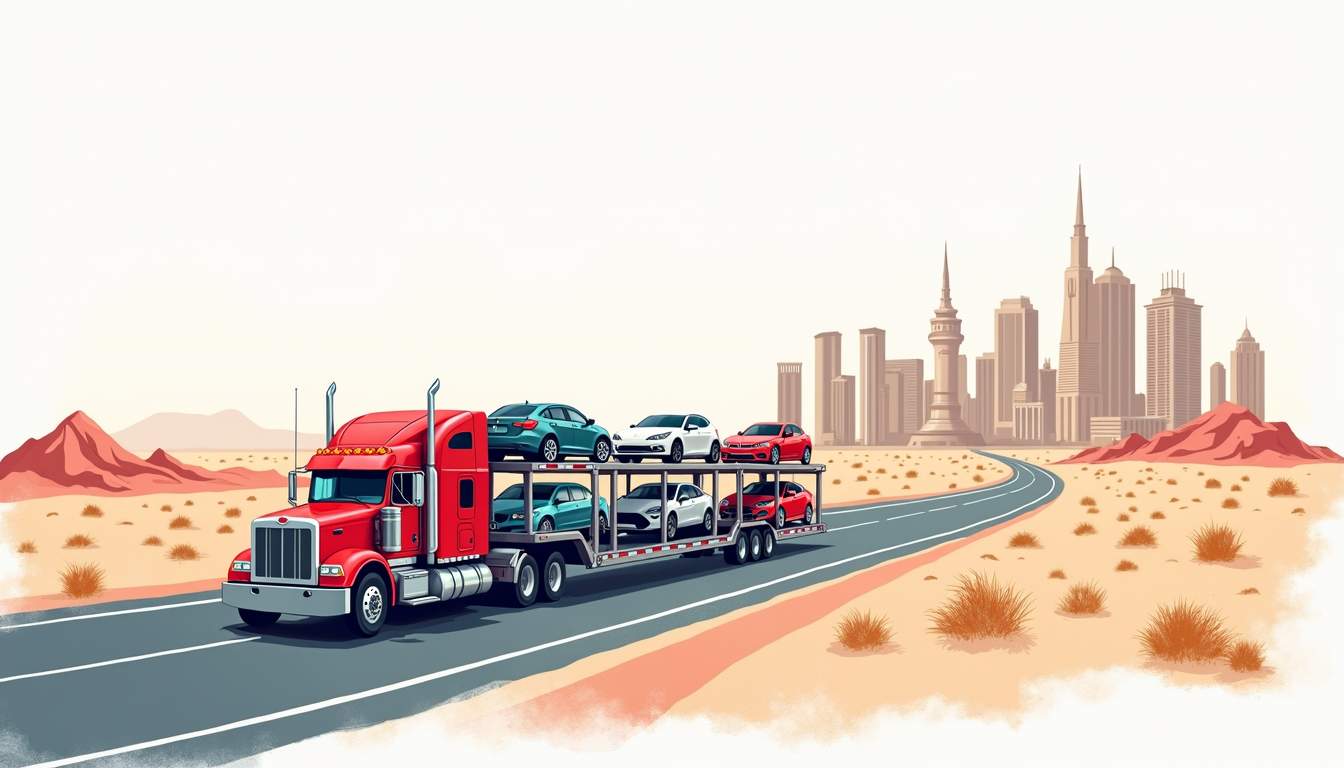 an open road with a transport truck carrying various vehicles, set against the backdrop of the iconic Las Vegas skyline and desert landscape, highlighting the theme of reliable auto transport in the city, hand-drawn abstract illustration for a company blog, white background, professional, minimalist, clean lines, faded colors