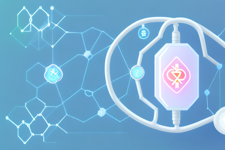 a blockchain symbol intertwined with medical symbols like a stethoscope, a pill, and a heart rate monitor, representing the integration of blockchain technology in the healthcare industry, hand-drawn abstract illustration for a company blog, in style of corporate memphis, faded colors, white background, professional, minimalist, clean lines