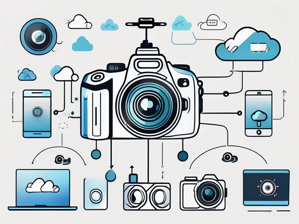 a modern digital camera with various technological symbols and trend icons, such as a drone, a VR headset, and a cloud (for cloud storage), emanating from it, hand-drawn abstract illustration for a company blog, white background, professional, minimalist, clean lines, faded colors