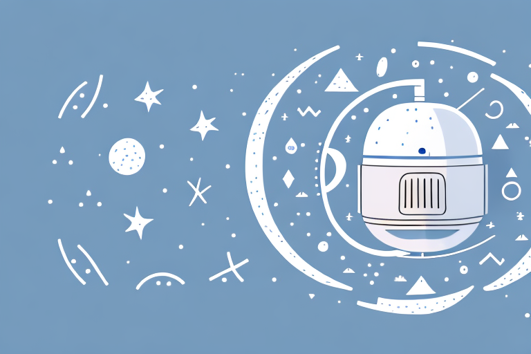 a humidifier attached to a sleep apnea machine, surrounded by symbols of good sleep like a moon, stars, and a peaceful night sky, hand-drawn abstract illustration for a company blog, in style of corporate memphis, faded colors, white background, professional, minimalist, clean lines